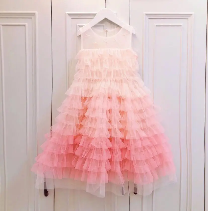 

New Summer Children Girls Fairy Lace Mesh Pink Tutu Dresses,Kids Color Gradient Design Party Flower Clothes 3 pcs/lot, Wholesale