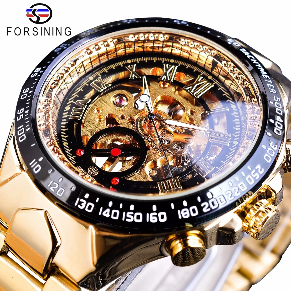 Clássica de Aço Forsining Série Inoxidável Transparente Movimento Dourado Steampunk Men Esqueleto Mecânico Relógios Marca Superior Luxo