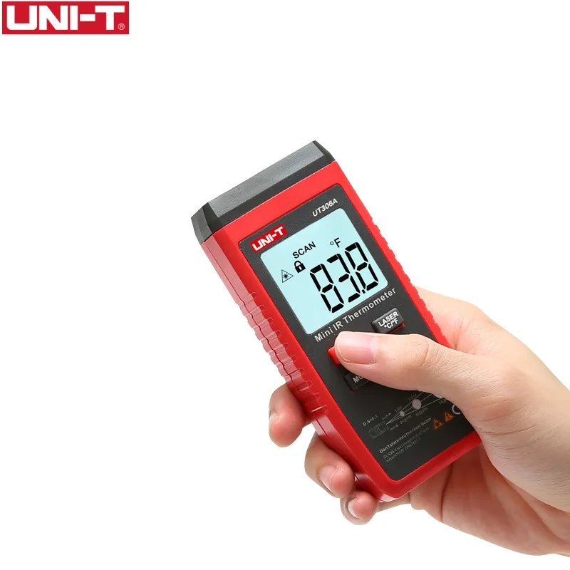 Goedkoop UNI T UT306A Mini LCD Infrarood Thermometer 35 ~ 300C 31 ~ 572F Rode Laser Temperatuur Meter C F Pyrometer Originele