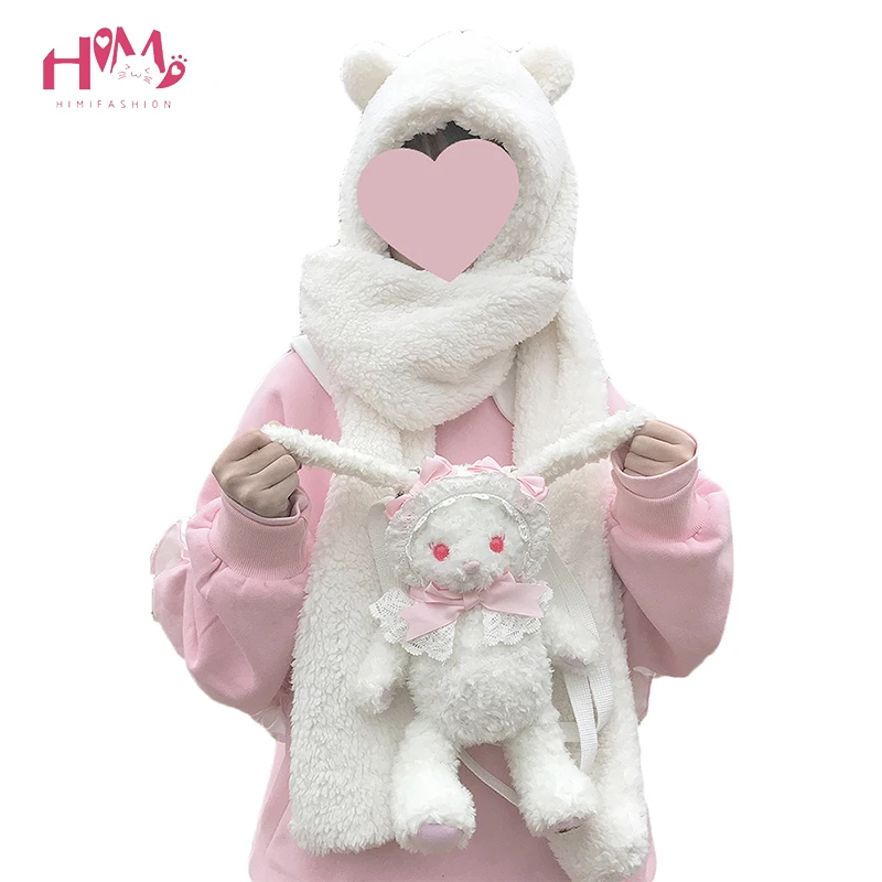 Cena Kobiety cieplej zima szalik piękny niedźwiedź uszy miękki pluszowy kapelusz z kapturem szaliki nowe mody puszyste zwierząt czapka szalik fajny prezent dla dziewczyn