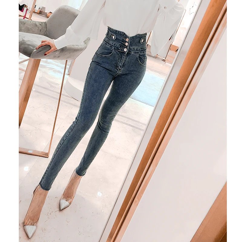 Woman High Elastic Stretch Single-breasted Jeans female washed denim skinny Flare pants Jeans for Sexy Jeans High Waist Jeans