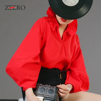 

High-end Custom Luxury Spring Women Lantern Sleeve Petals Collar T-Shirt Solid Ruffles Collar Tops Ladies Sexy Tunic T-Shirts