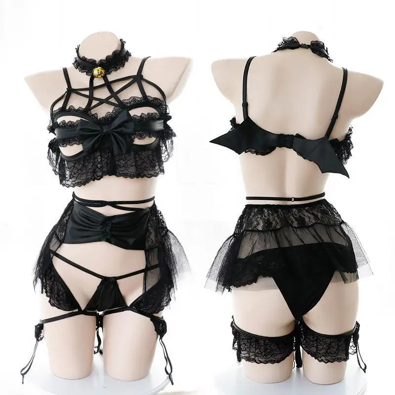 

Japanese Devil Cosplay Costumes Women Sexy Lace Bat Bandage Lingerie Set Hollow Out Underwear Babydoll Open Cup Bra Set