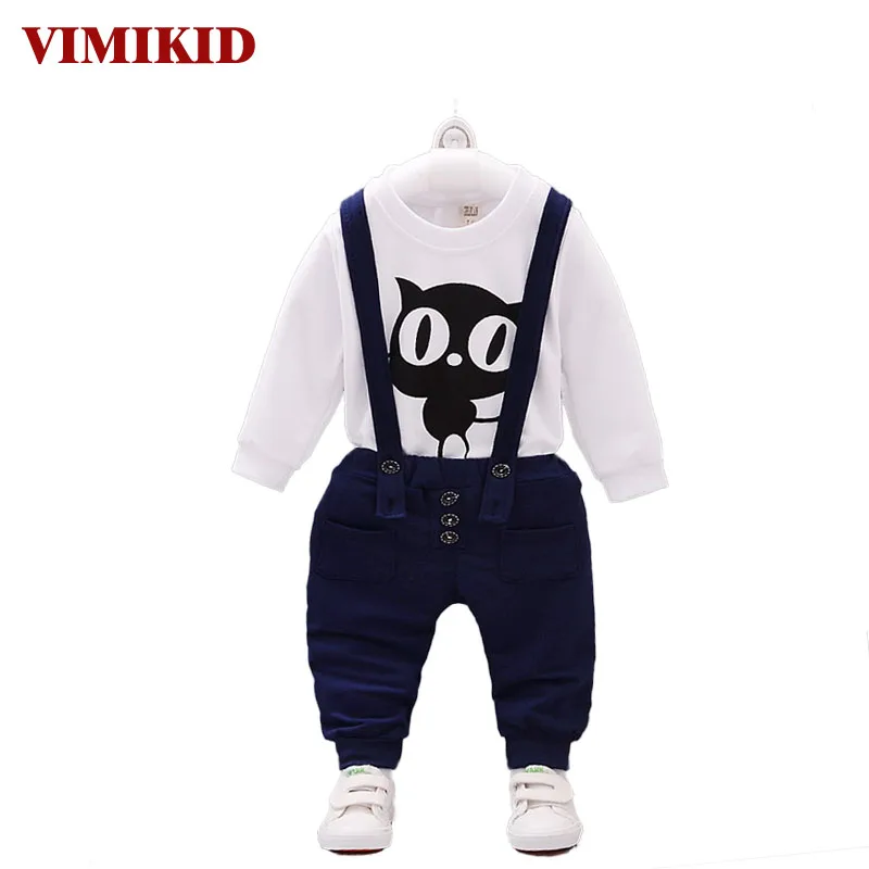 VIMIKID 2017 new Spring and Autumn baby girl and boy clothes set long sleeve o-neck Cartoon t-shirt+Straps trousers children set