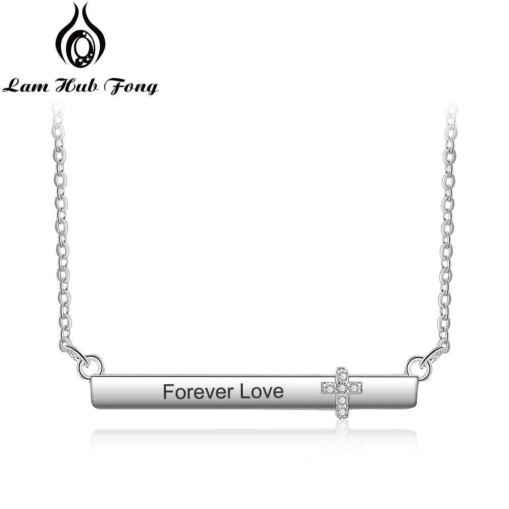 Personalized Name Bar Necklace with Cross Silver Color Engraved Necklaces for Women Custom Nameplate (Lam Hub Fong) | Украшения и