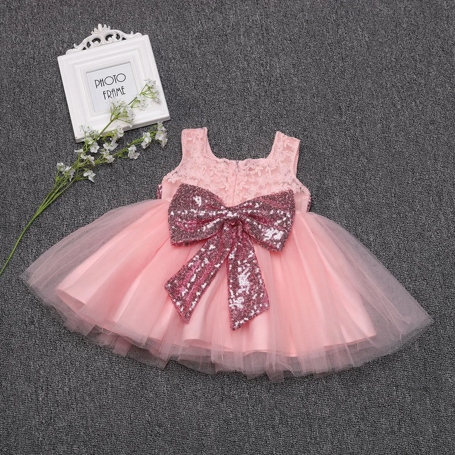 

New Baby Girls Christening Dress Kids Pink Tulle Wedding Party Dress with Sequined Band and Bow Toddler Birthday Vestido