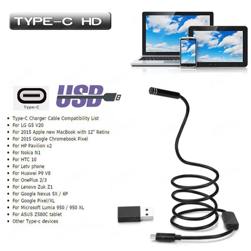 Type-C endoscope 5.5mm lens 1/3/5/7/10m semi rigid cable usb android endoscope camera waterproof led Borescopes for car repair