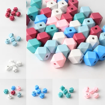 

50pcs DIY Unfinished Geometric Faceted Wooden Beads 15mm Natural Wood Mixed Color Spacer Beads For Jewelry Making