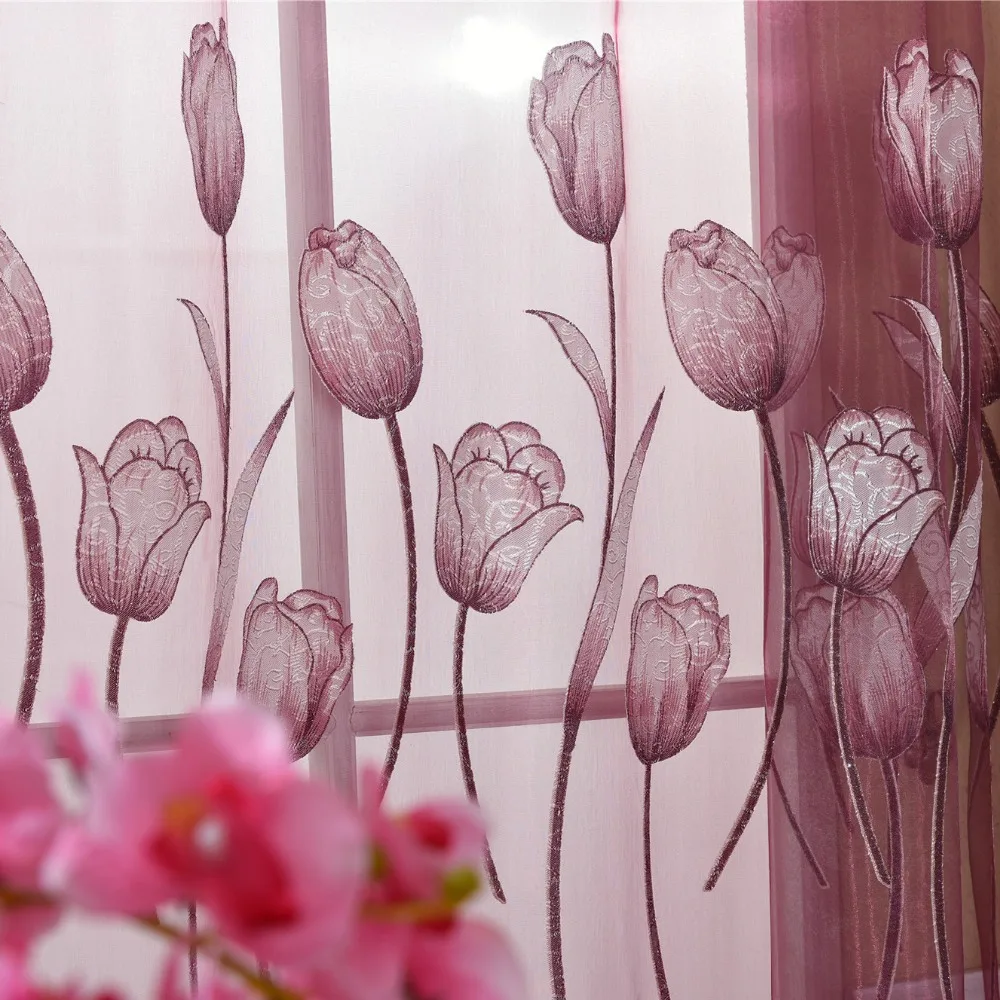 

burnout home Textile tulip Chinese luxury 3D Window Curtains washable Tulles Sheer Curtains para bedroom living room 1pc