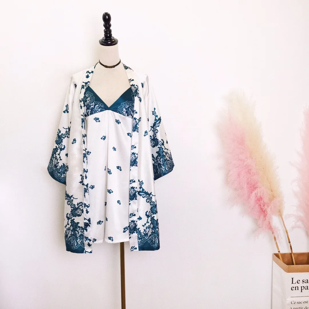 Nightdress nightgown suit spring and summer new printed lace nightdress two-piece ladies nightgown V-neck waist silk pajamas