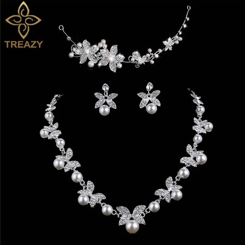 TREAZY Fashion Simulated Pearl Crystal Flower Necklace Earrings Tiara Bridal Jewelry Sets For Women Wedding Dress Accessories | Украшения и