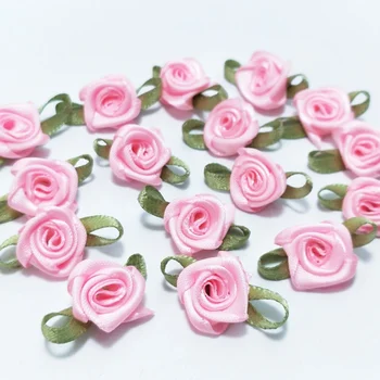 

HL 100pcs Wholesale Retail Pink Rose Ribbon Flowers With Leaf Appliques Wedding Decoration DIY Sewing Crafts A989