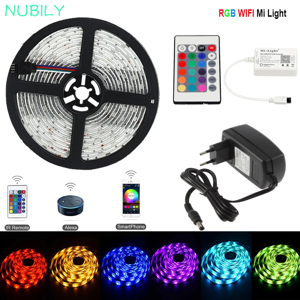 buy Mi Light 5050 RGB LED Strip WiFi Rope Light Waterproof 10M 5M Flexible Tape RGB WIF Controller Work With Alexa 12V LED Adapter