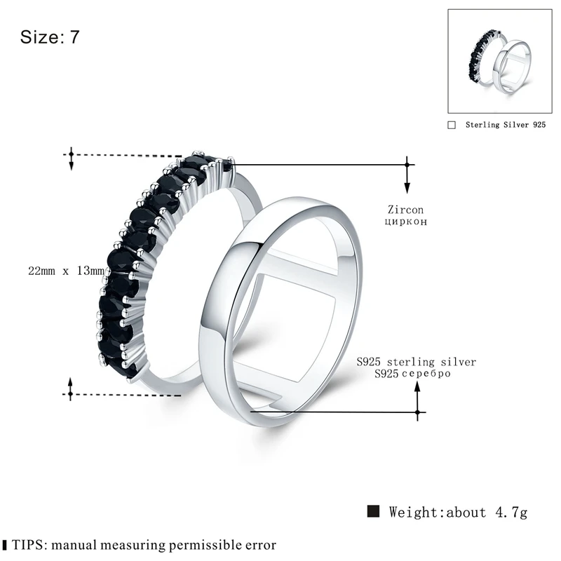 Классические ювелирные изделия из 925 пробы серебра 4,7 г, обручальное круглое кольцо с черной шпинелью для женщин G034