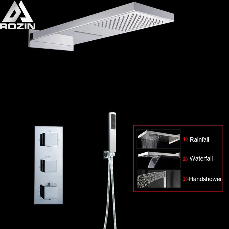 

Bright Chrome Thermostatic Shower Faucet Column 3 Handle Bathroom Waterfall Rain Shower Mixers with Hand Shower Tap