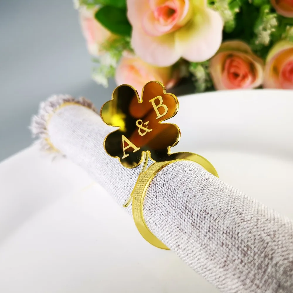 Personalized Wedding table Decor Four-leaf clover with Initials Napkin Ring ,Custom Wedding color woodAcrylic Cut napkin ring (4)