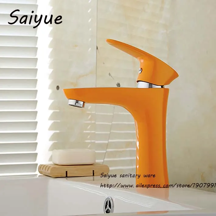 

Orange Simple Painting Single Handle Faucet Hot & Cold Mixer Brathroom Water Tap Deck Mounted Round Base Basin Faucets