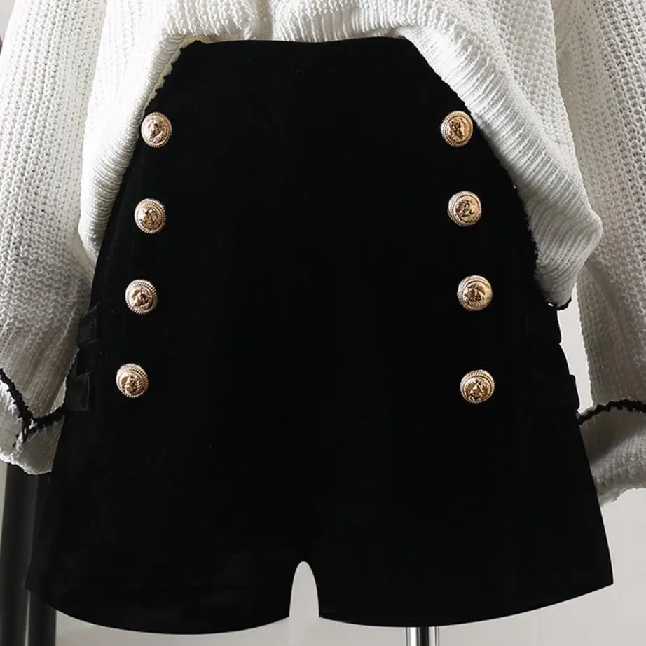 

Autumn Winter New High Waist Velvet Shorts Women Wide leg Slim Double Breasted Casual Shorts