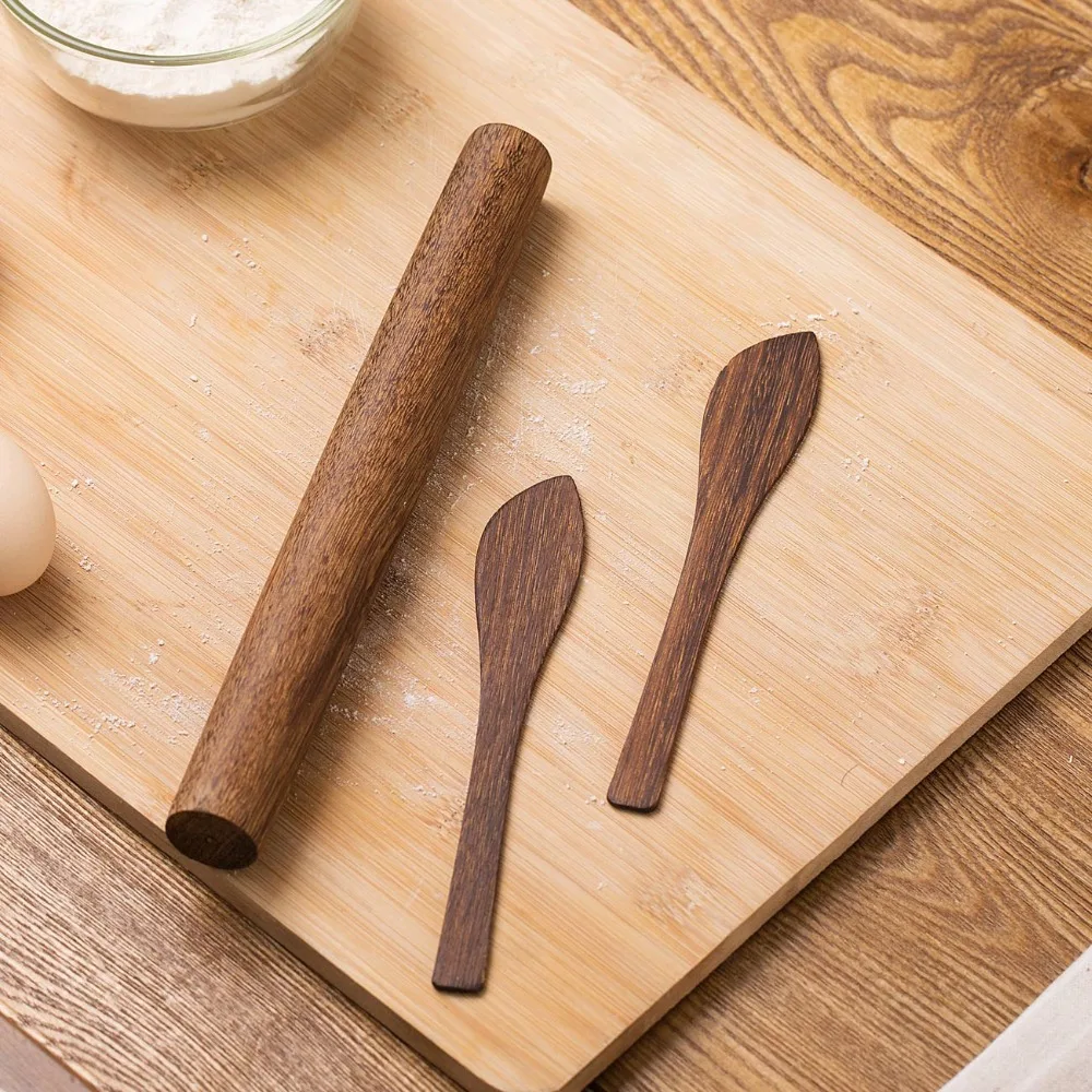 

3Pcs/Set Kitchen Wooden Rolling Pin Spatula Scraper Dumpling Noodles Pastry Dough Roller for Baking Cake Pastry Pizza