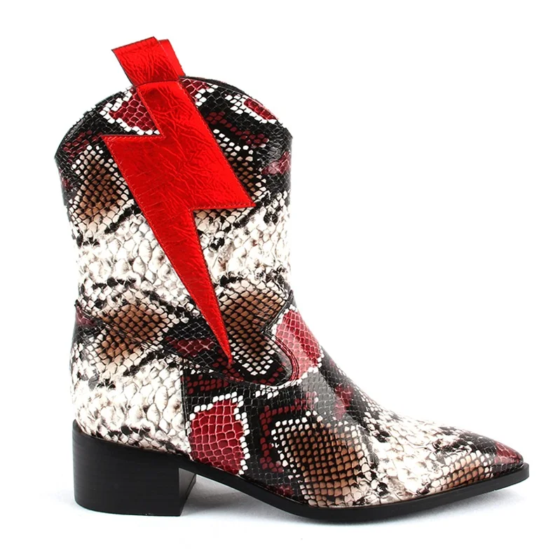 OIAH Motorcycle Boots For Women Winter Fashion Shoes Pointed Toe Slip On Ankle Boots Snake Skin Combat Boots Ladies Shoes - Цвет: Red