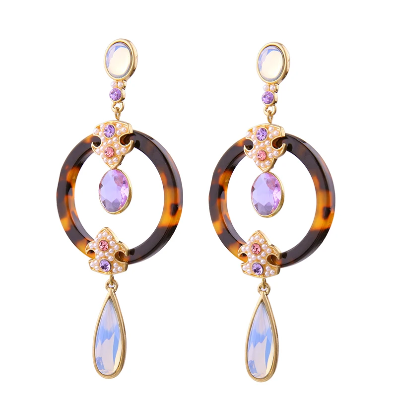 Pierced Long Dangle Earring Resin Waterdrop Plastic Leopard Print Loop