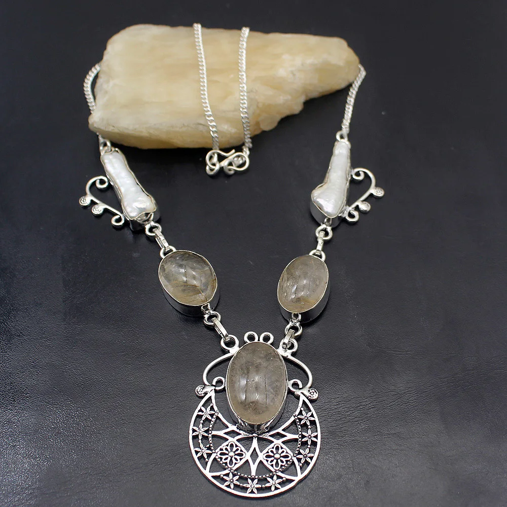 

Natural Rutilated Quartz Biwa Pearl 925 Sterling Silver Women Chain Pendant Necklace 19 Inch NY1288 Free Shipping