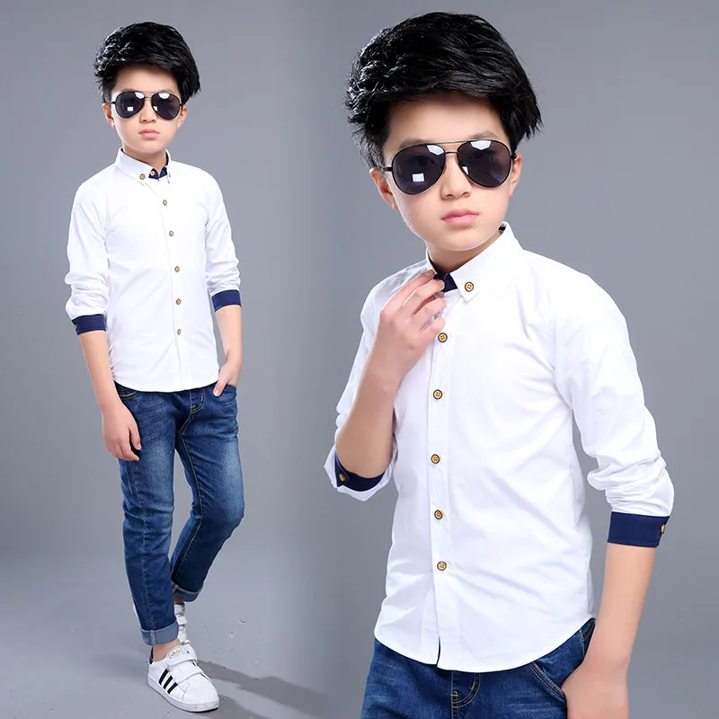 Рубашки для мальчиков-подростков Однотонная рубашка с длинными рукавами рубашка с отложным воротником для мальчиков, белая детская одежда для подростков 6, 8, 10, 12, 14 лет