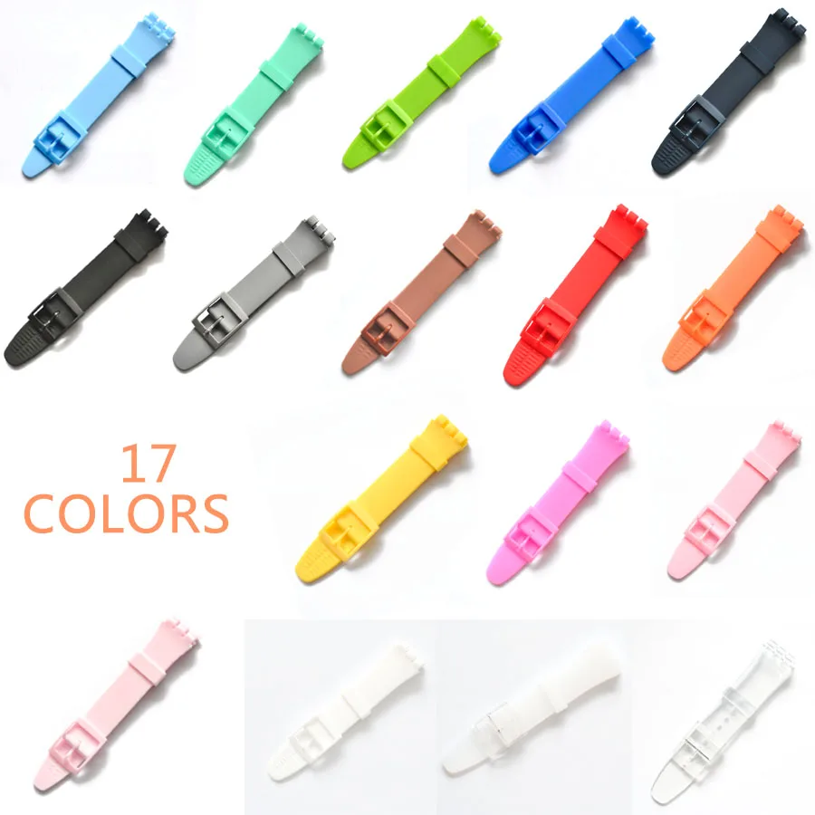 

High Quality Black Blue Green 17mm 19mm Silicone Rubber Watchband For Swatch Colorful Rubber strap Stainless Steel Buckle