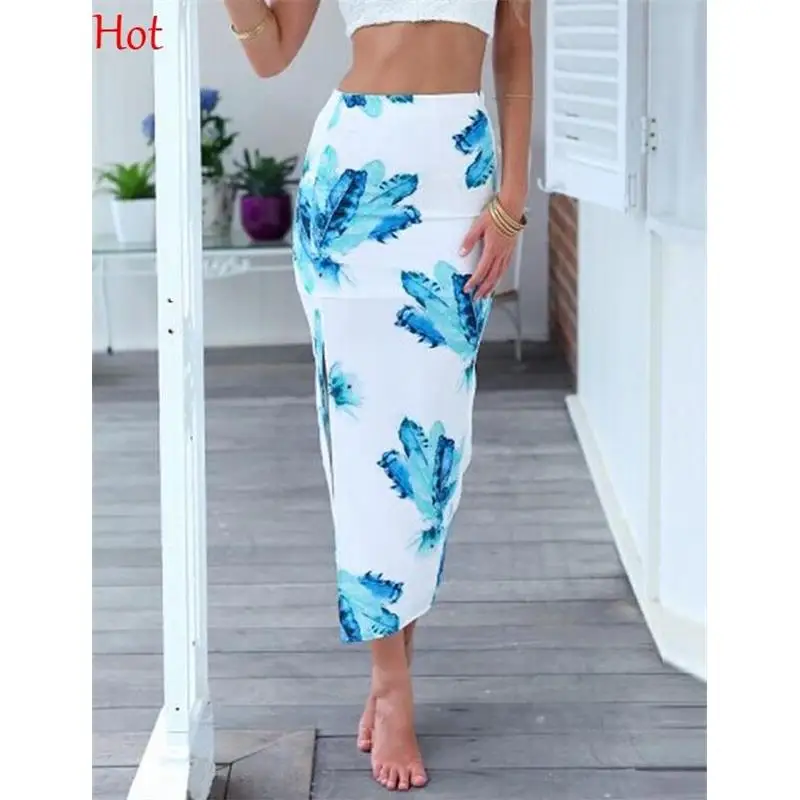 

2018 Leaf Printed Skirt Casual Split High Waist Pencil Skirts Ladies Elegant Slim Split Bodycon Tube Wrap Long Skirts SV020798