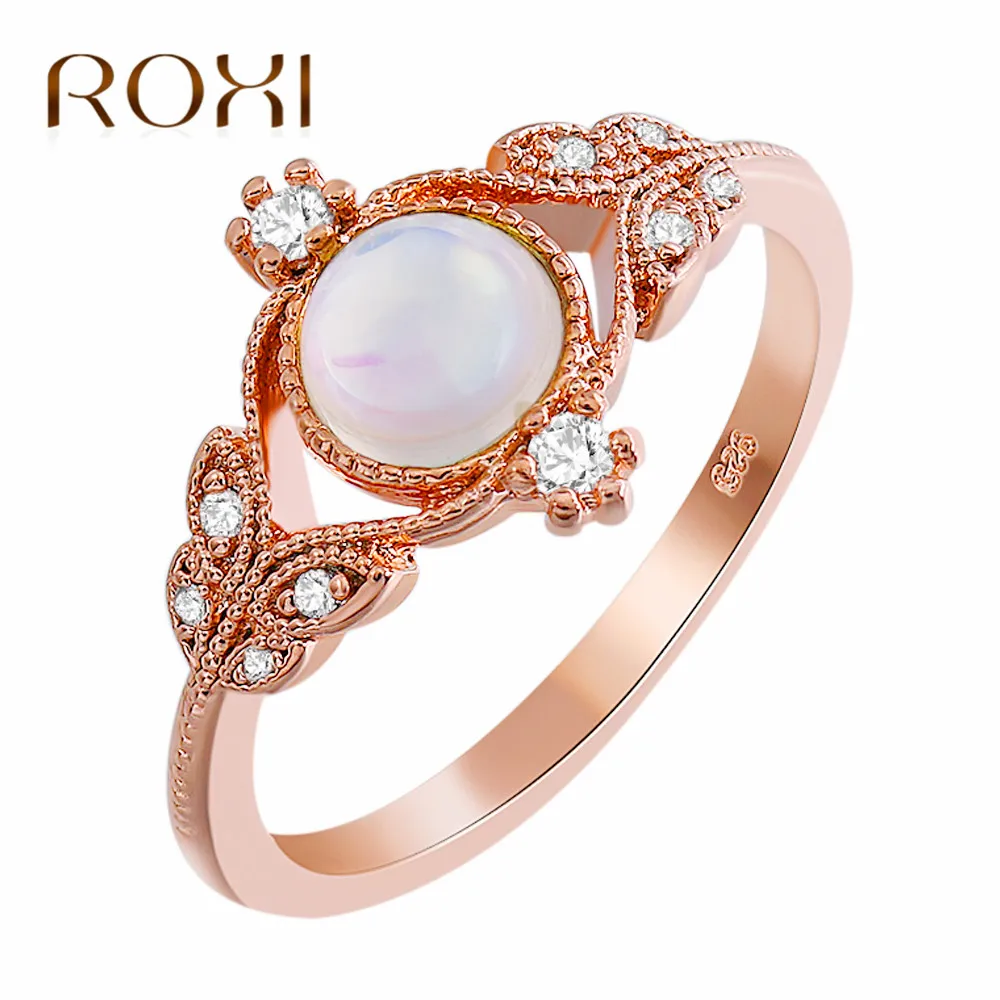 

ROXI Fashion Moonstone Ring Jewelry Flower Leaf Ring Rose Gold 5A CZ Crystal Female Wedding Band Engagement Rings for Women