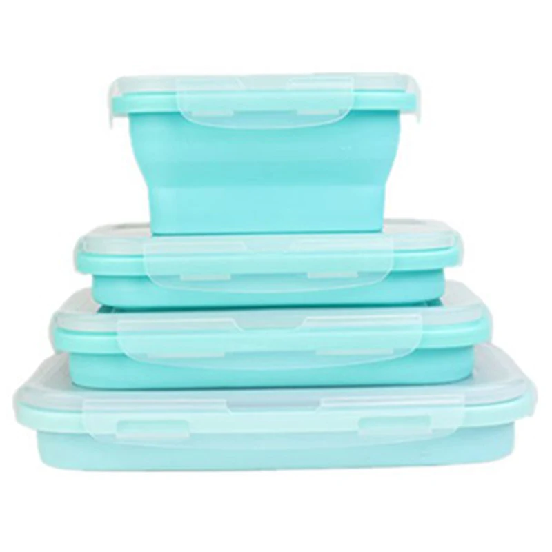 

4 Piece Set Blue Food Grade Silicone Lunch Box Folding Eco-Friendly Food Container Bento Box Collapsible Portable Microwave Fo
