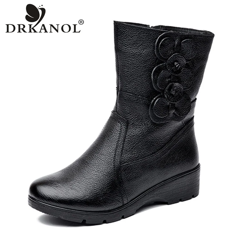 US $28.06 Drkanol Fashion Women Snow Boots Winter Thick Plush Warm Wedge Mid Calf Boots Side Zipper Sweet Flowers Winter Mother Boots