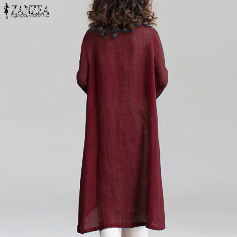 ZANZEA женское однотонное платье миди Весна v-образный вырез 3/4 рукав сплит подол свободное платье работа OL рубашка Vestido халат большого размера