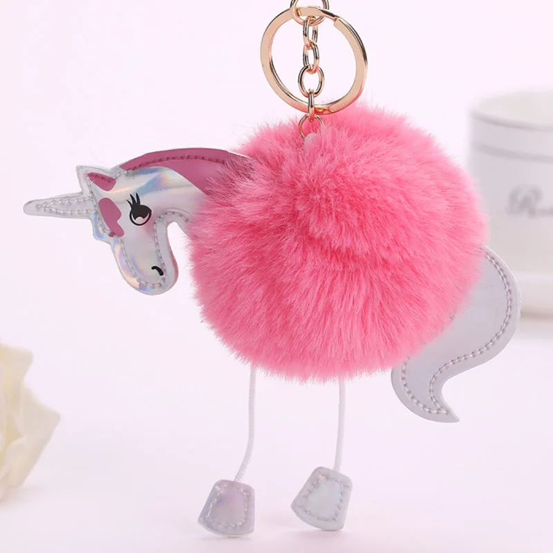 

Fluffy Unicorn Keyring Rabbit Fur Pompon Key Chain Pony Key Ring Keychain Holder Hanging Charm Handbag Pendant Accessories