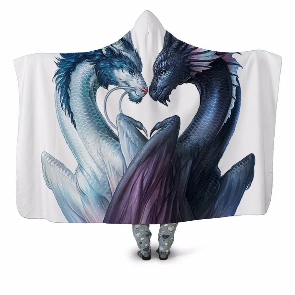 

Ying Yang Dragon White 3D Print Hooded Blanket Couch Quilt Cover Travel Velvet Plush Throw Fleece Blanket Bedspread Home Office
