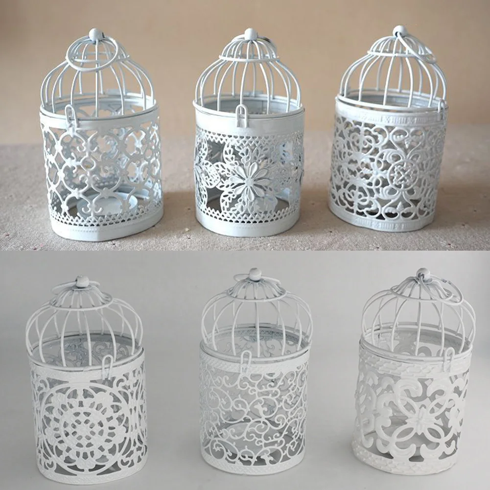 Hollow Candlestick Tealight Hanging Lantern Bird Cage Vintage Metal Candle Holder White Holder Candlestick