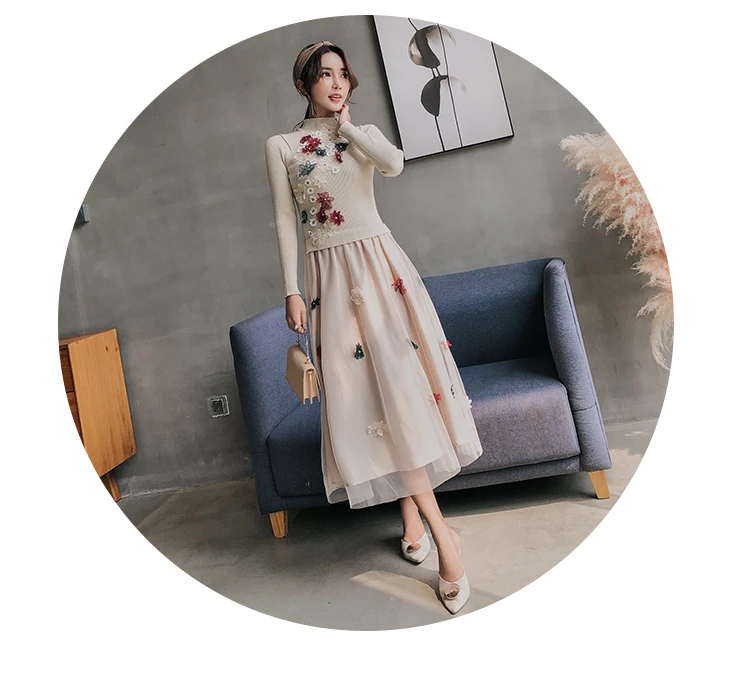 Высококачественное роскошное подиумное трикотажное платье для женщин, облегающее повседневное осенне-зимнее вязаное платье-свитер с длинным рукавом и вышивкой
