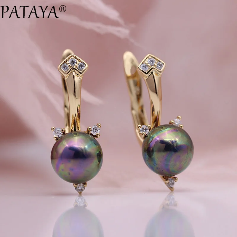 

PATAYA New AB Round Shell Pearls Drop Earrings White Natural Zircon Women Party Fashion Jewelry 585 Rose Gold Cute Fine Earrings