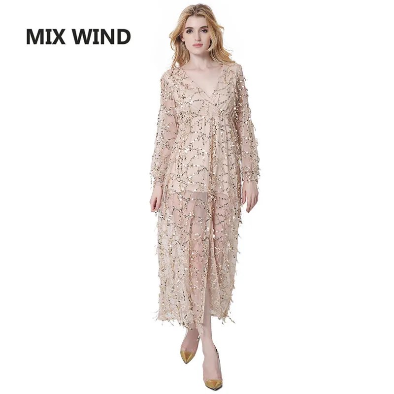 Wholesale MIX WIND 2017 new Noble luxury sequins tassel deep v collar split sexy dress free shipping Buy Cheap MIX WIND 2017 new Noble luxury sequins tassel deep v collar split sexy dress free shipping