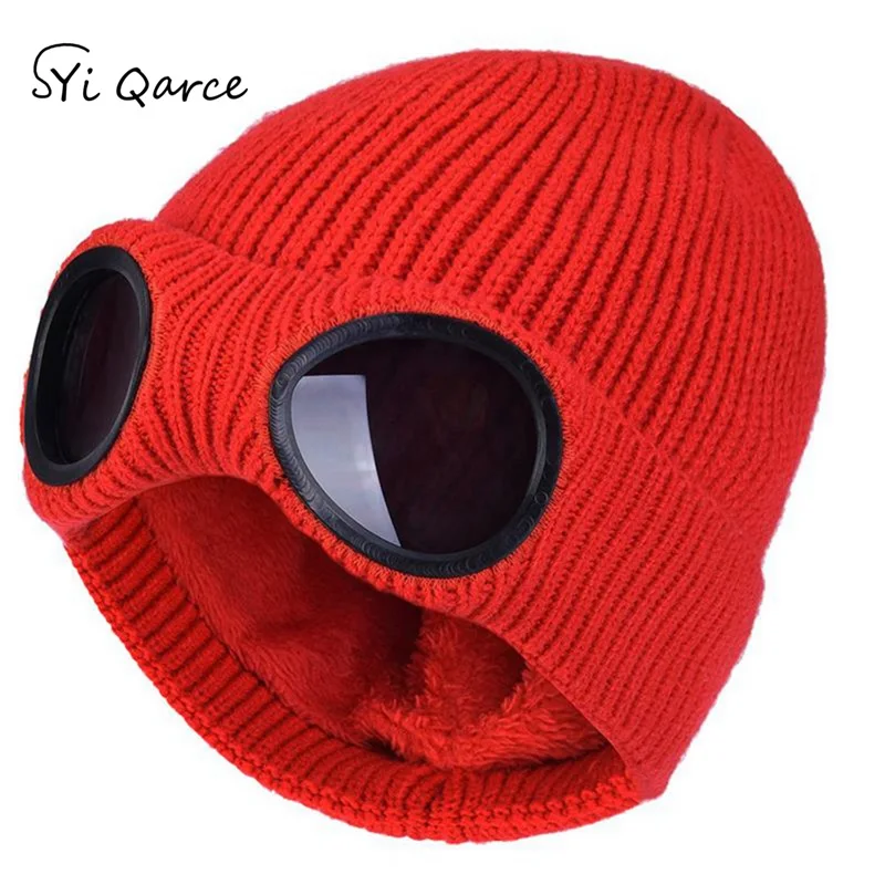 SYi Qarce,, однотонная зимняя вязаная шапка s Skullies Beanies, шапка для женщин и мужчин, Двойная съемная Кепка для очков, NM137-39 - Color: Red