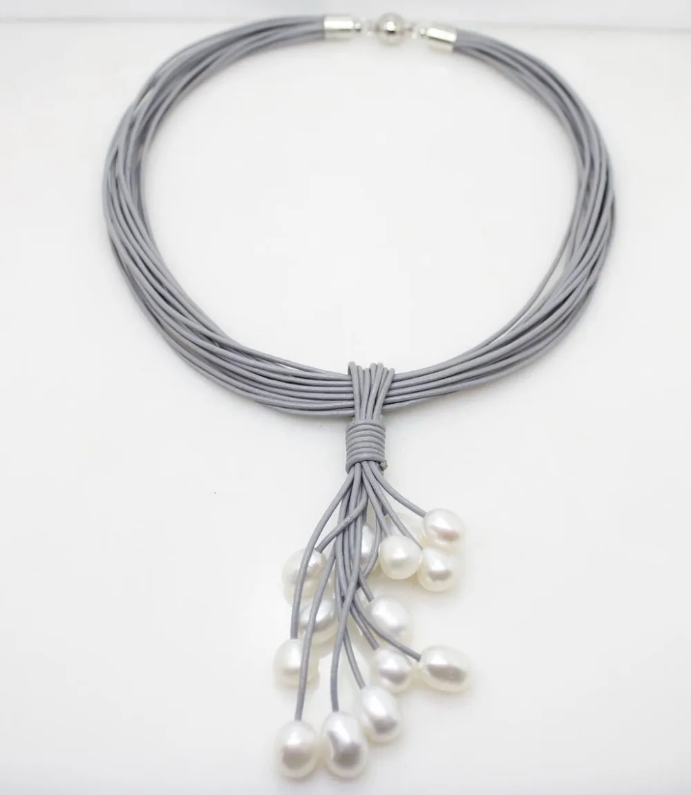 01 12 мм rel blanc perle d'eau douce pendentif collier en cuir cordon Magnet fermoir bijoux de mode|Ожерелья| |