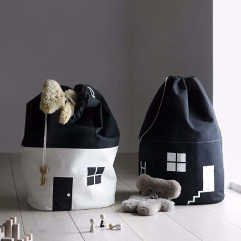

Small House Pattern Cotton Canvas Storage Bag Pouch Portable Travel Shopping Drawstring Bag Kid Toys Organizer Black White 1PC