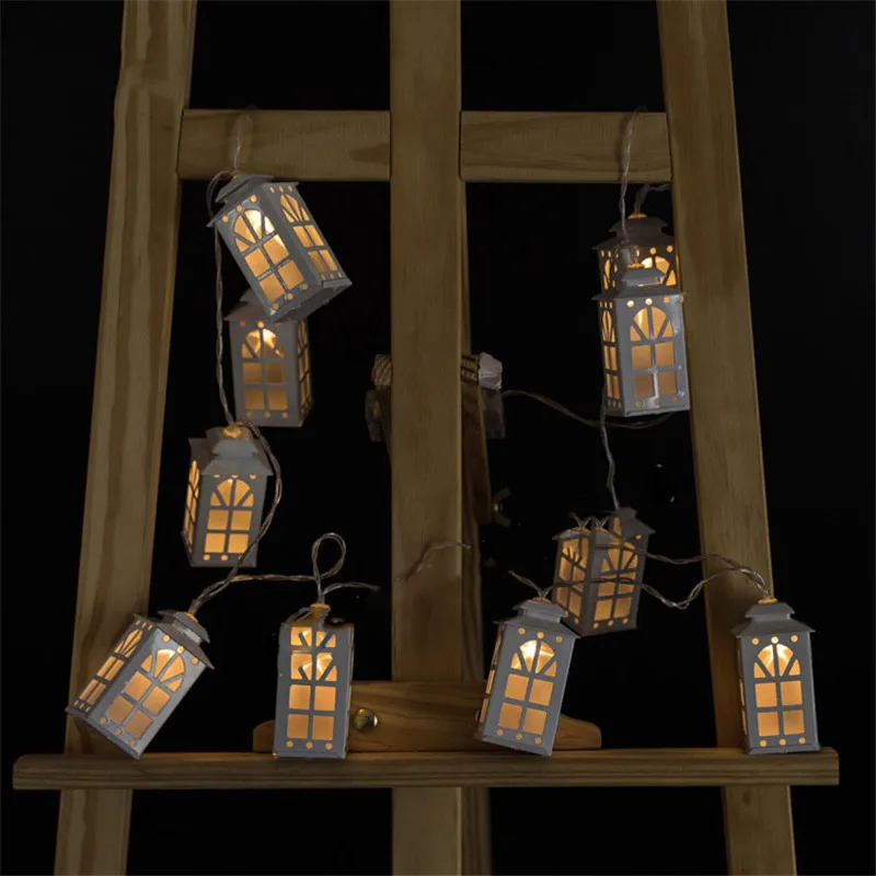 

LED White Plaid Lantern Light String Holiday Fairy Lamp Iron Art Battery Box Bedroom Decor Party Christmas Store Window 10 LED