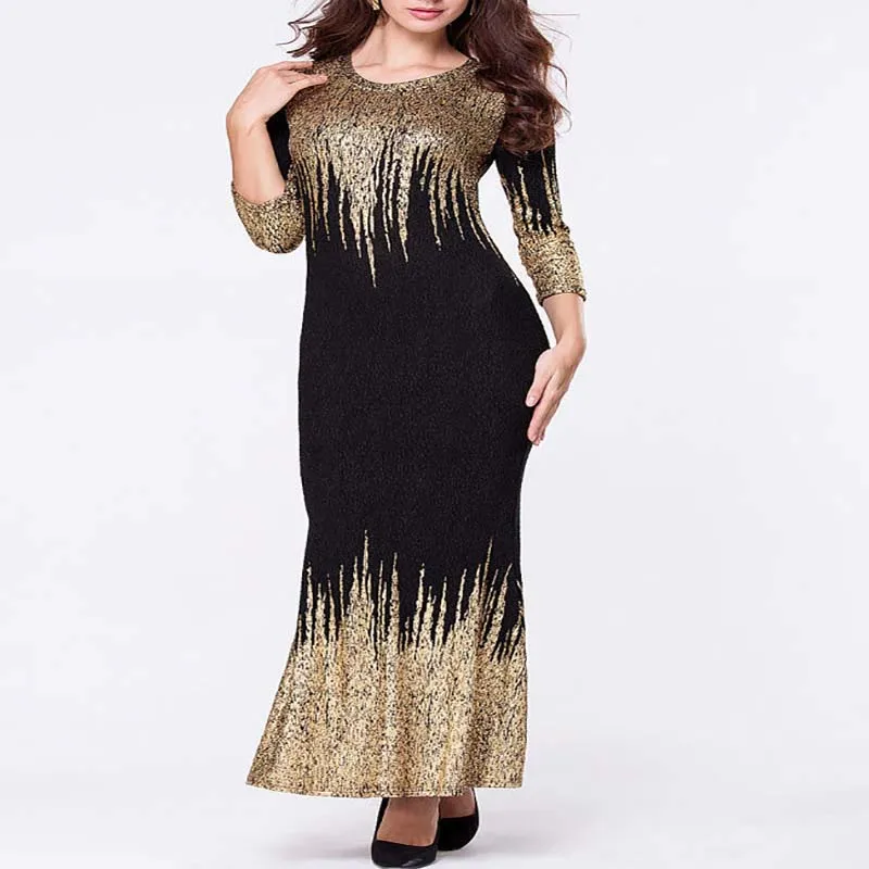 Free Shipping New African Women Summer Dress Gold Foil Slim Long Sleeve Dress Bronzing Foam Fashion Hot Sales