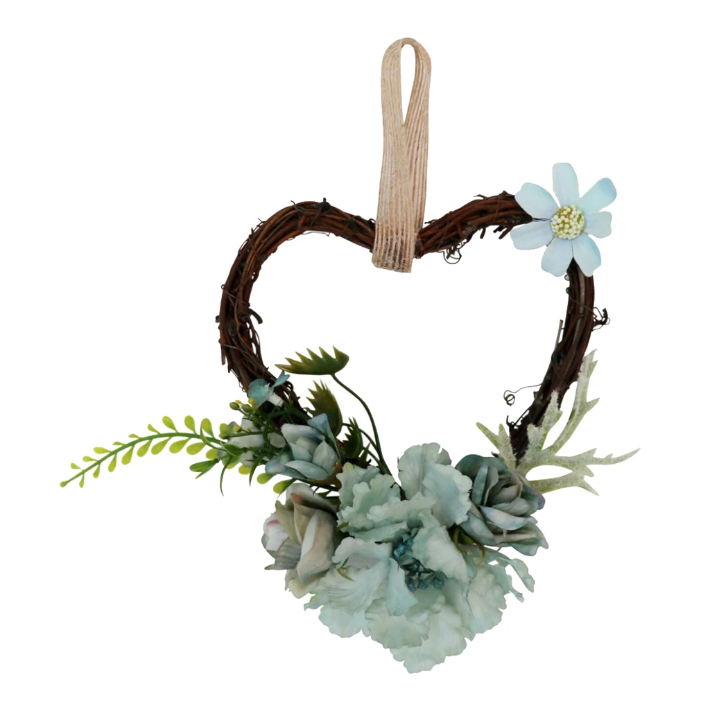 Heart Rattan Artificial Rose Flower Blossom Wreath Garland Chair Door Wall Decor
