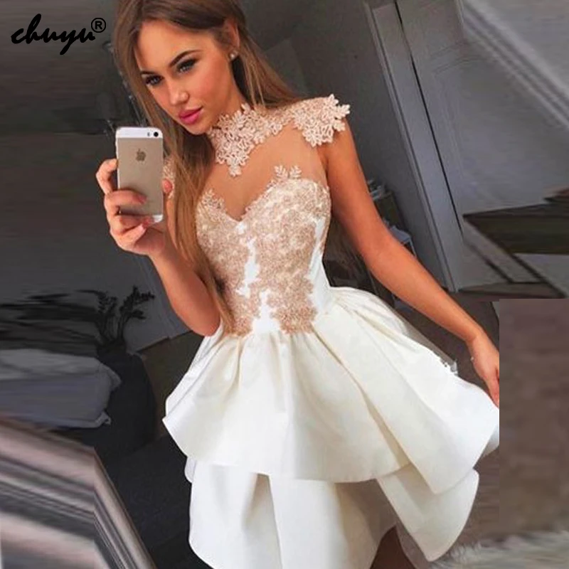 

High Neck Homecoming Dresses 2019 Lace Applique Tiered Satin Sleeveless Party Dresses vestidos de graduacion