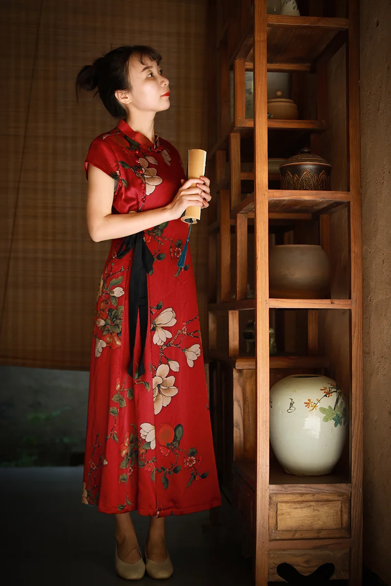 LZJN High Quality Summer 100% Real Silk Print Dress Split Qipao Chinese Style Long Cheongsam Slim Classic Women's Dress Custom (7)
