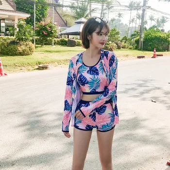 

New Sexy Girl Leaves print Swimwear Independent Long sleeve sunscreen Three Pieces Swimsuit 2019 Push Up Women Bathing Suits