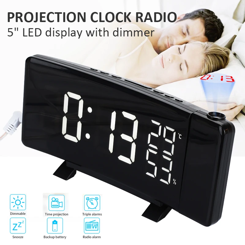 

Curved-Screen Projection Clock FM Radio Home Clock Timer Multifunctional Creative Bedroom Dimmable Dual Alarm