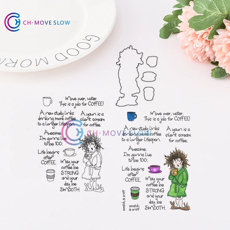 

CH YAWNING COFFEE LADY Metal Cutting Dies and stamps DIY Scrapbooking Card Stencil Paper Craft Handmade Album Handbook Decor